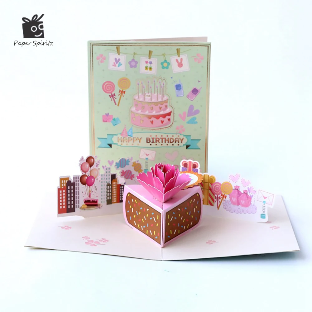 

Happy Birthday Cake Flower Card for Girl Kids Wife Husband 3D Birthday Cake Pop-Up Greeting Cards Postcards Gifts with Envelope