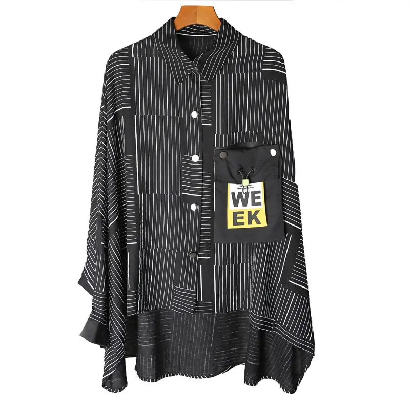 

XITAO Striped Patchwork Letter Shirt Women Fashion New Style Turn Down Collar Long Batwing Sleeve Personality Irregular ZY4654