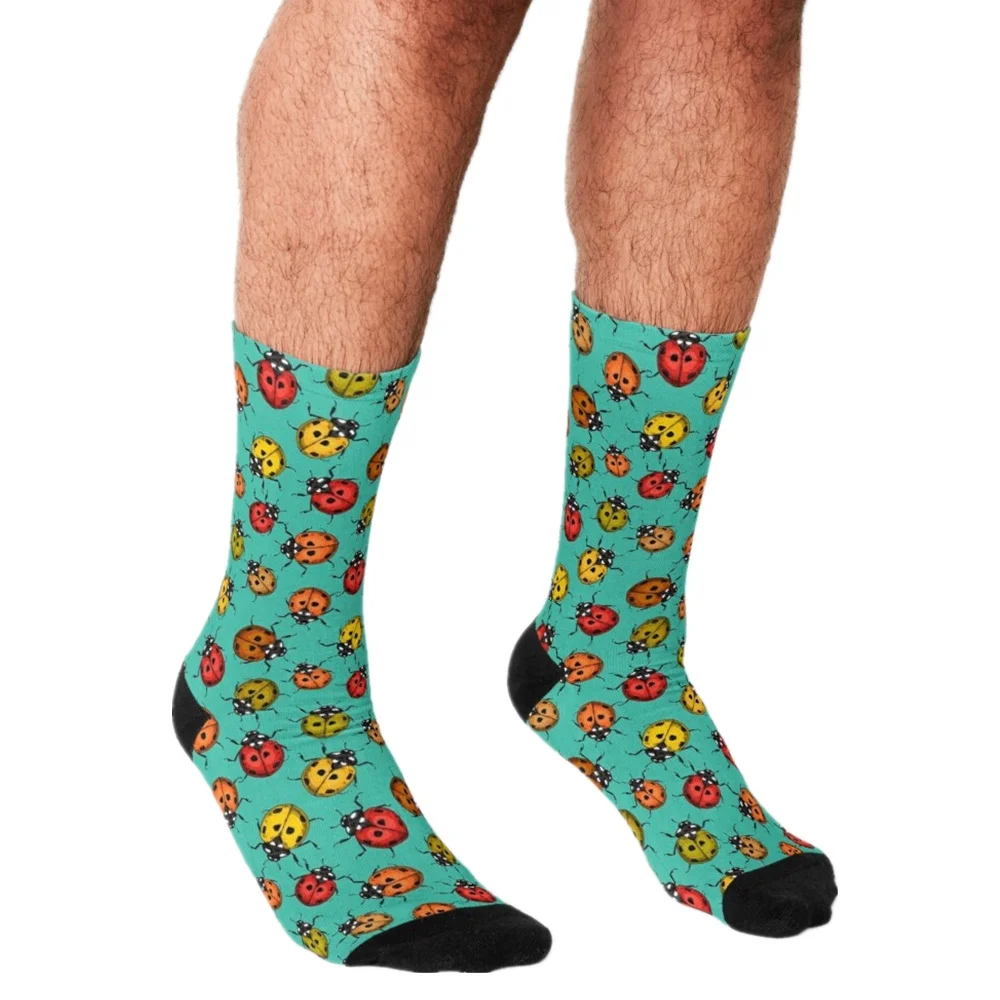

Funny Men's socks Colorful ladybugs on turquoise Printed hip hop Men Happy Socks cute boys street style Crazy Socks for men