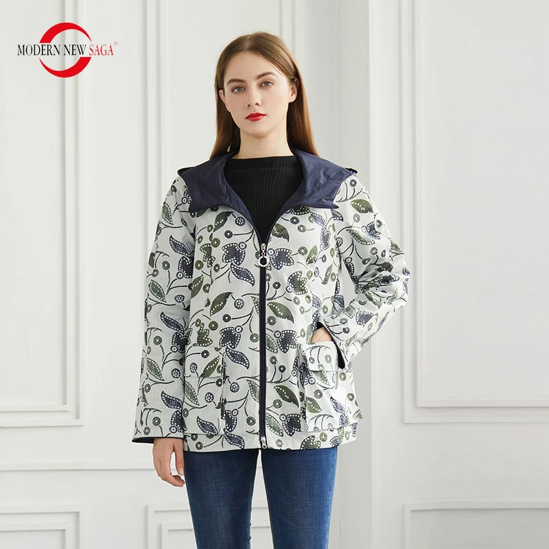 

MODERN NEW SAGA Women Jacket Spring Fashion Jacket Hooded Autumn Ladies Jackets Female Coat Varsity Jacket Windbreaker Floral