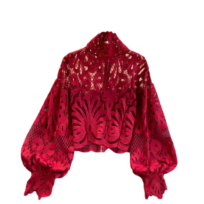 

Spring New Fashion Blouse Female Hollow Lantern Sleeve Temperament Blusa Stand-up Collar Slim Short Lace Shirt C