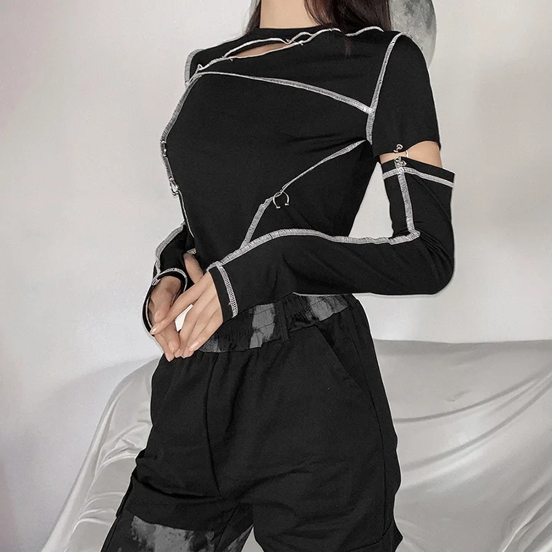 

T-shirts Women Solid Color Stitching Round Neck Cut Out Long Sleeve Slim Fit Knit Crop Tops 2020 Fashion Female