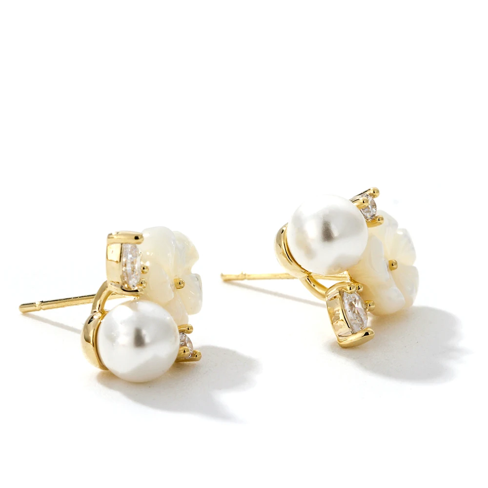 YMYW Natural Shell Flower Stud Earrings Sweet Imitation Pearl Temperament Shiny Cubic Zirconia Jewelry for Women Gift | Украшения и