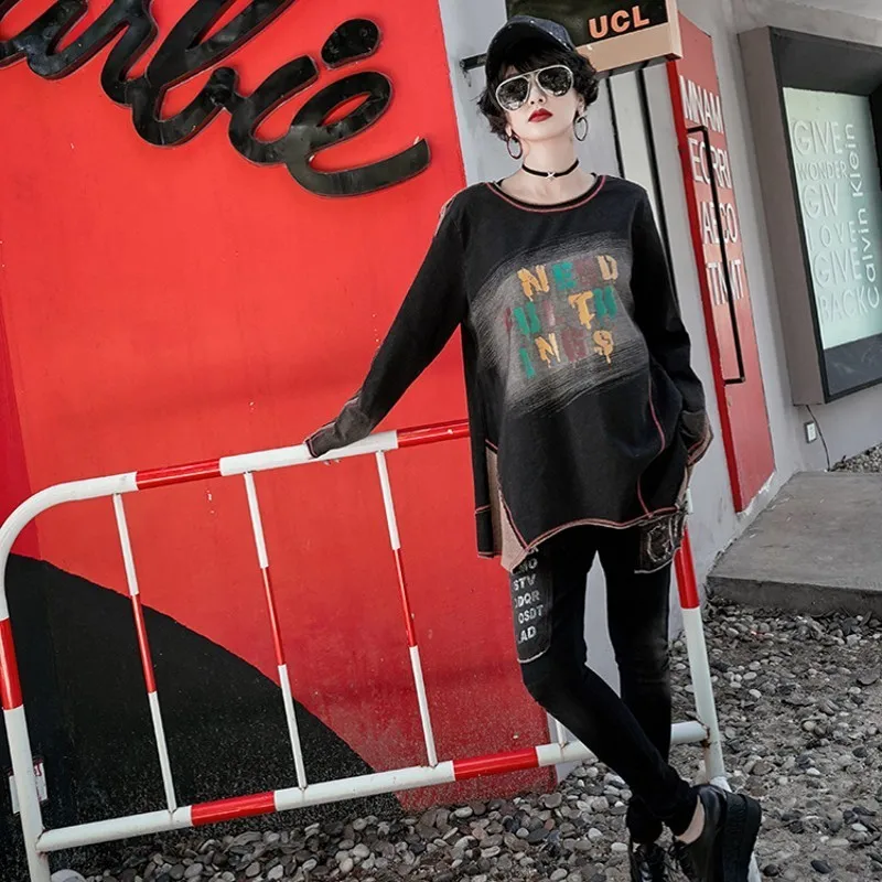 Женская джинсовая футболка в стиле панк с длинным рукавом и круглым вырезом |