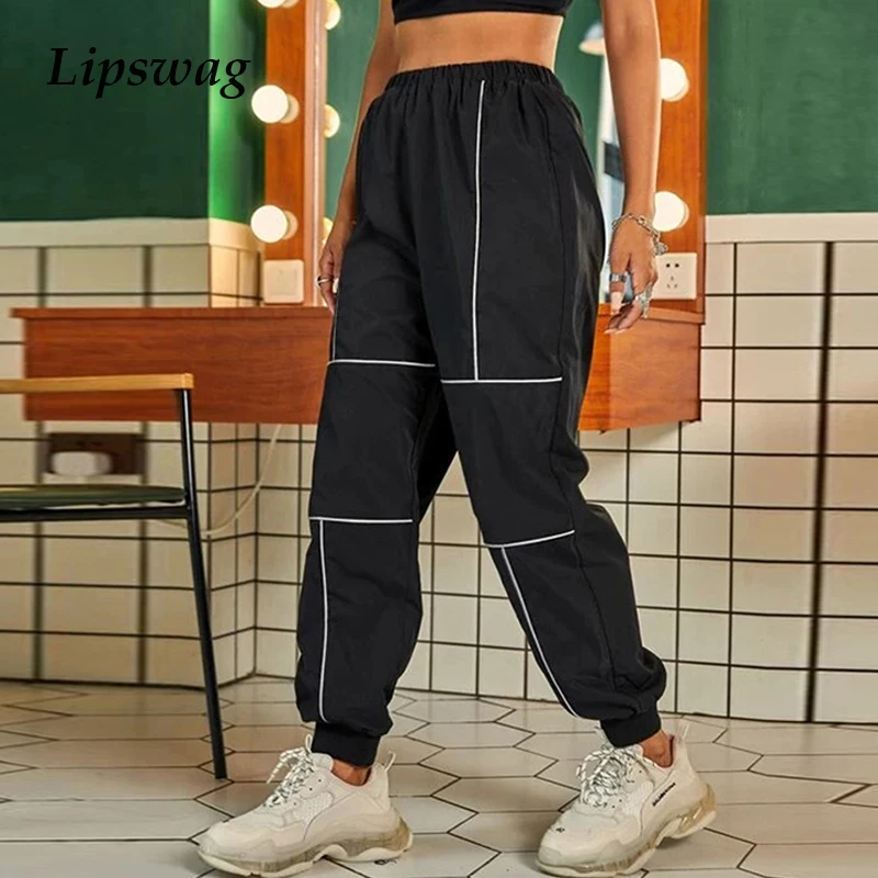 

Hip Hop Women High Waist Cargo Pants 2021 Spring Casual Ankle-Tie Reflective Jogger Trousers Female New Fashion Loose Sweatpants