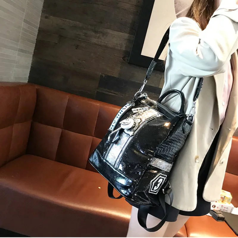 

Sequin Leather Backpack Women's Small Luxury I Fashion Casual School Book Black Silver Knapsack Bag