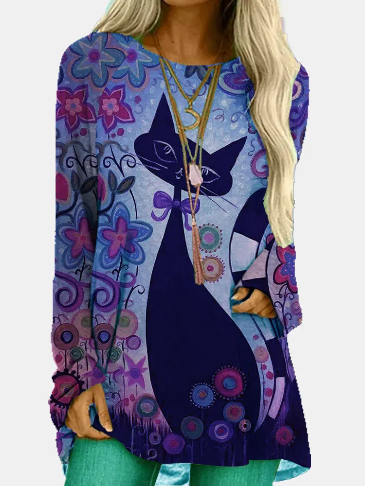 

2020 Autumn Cartoon Cat Prints O-neck Long Sleeve Casual T-shirt for Women Solid Color Irregular Loose Tops