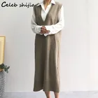 Женское трикотажное платье, длинное винтажное платье-свитер черного цвета, без рукавов, с V-образным вырезом, в Корейском стиле, осень 2021