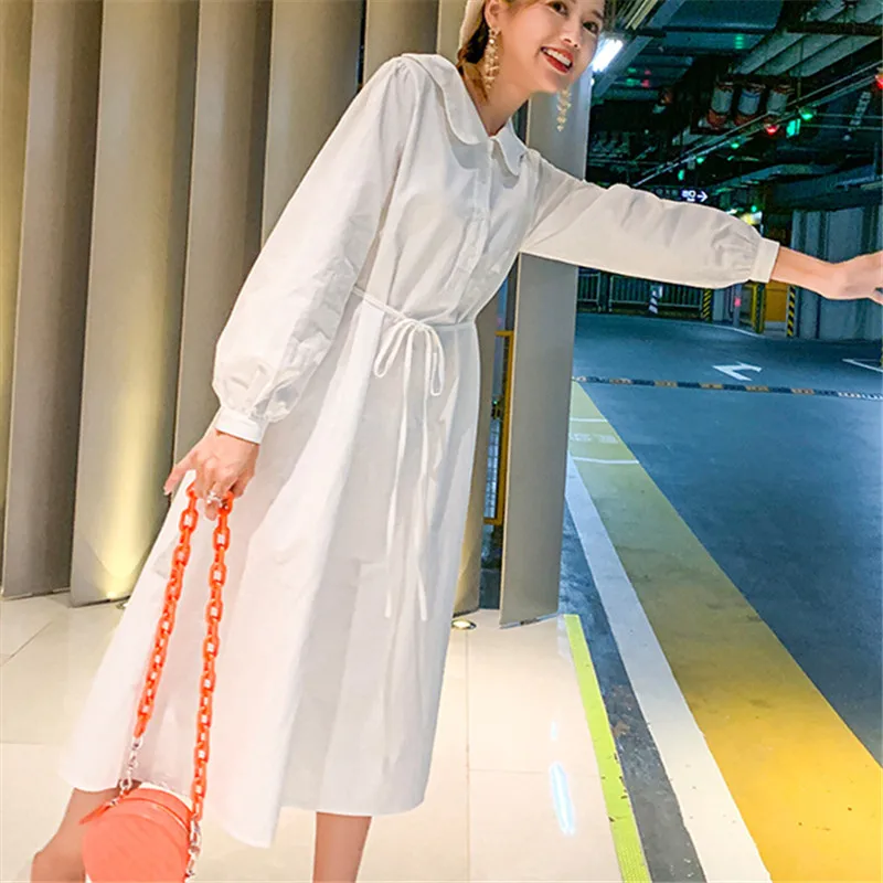 

Women Spring Autumn Slim White Peter pan Collar Dress Female Sweet Solid Color Vestidos Ladies Brand Casual Dresses ZM491