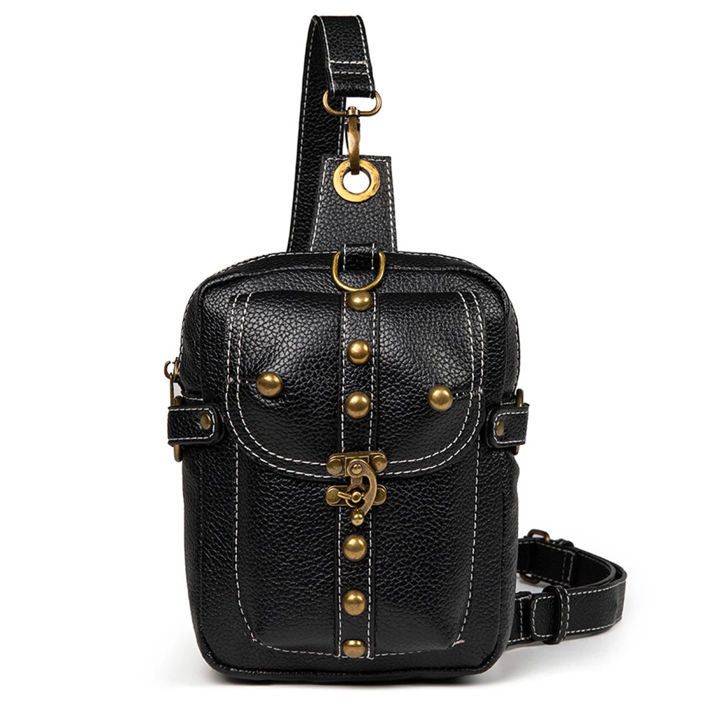

Personality Women's Shoulder Bags For Men's Punk Motorcycle Style Chest Bag Ladies Rivet Decorate Leather Crossbody Bag 2021 New