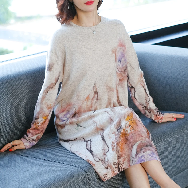 Женское винтажное вязаное платье-свитер свободное трикотажное с круглым вырезом