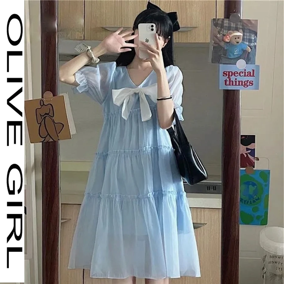 

Plus Size Preppry Style Blue Fairy Dress Elegant Vintage Sweet Bow Mori Girl V-Neck Summer Puff Short Sleeves Loose Clothing