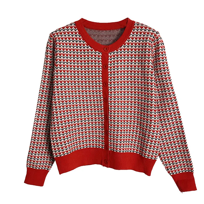 

Women New Spring Autumn Fashion Long-sleeved Loose Sweater Red Printed O-neck Short Sweater Cardigan Single Breast Knitwear Tops