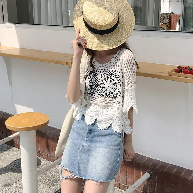 

New Arrival Fashion Summer Women Version Of The Cotton Hollow Lace Crochet Lace Top Sunscreen Shirt