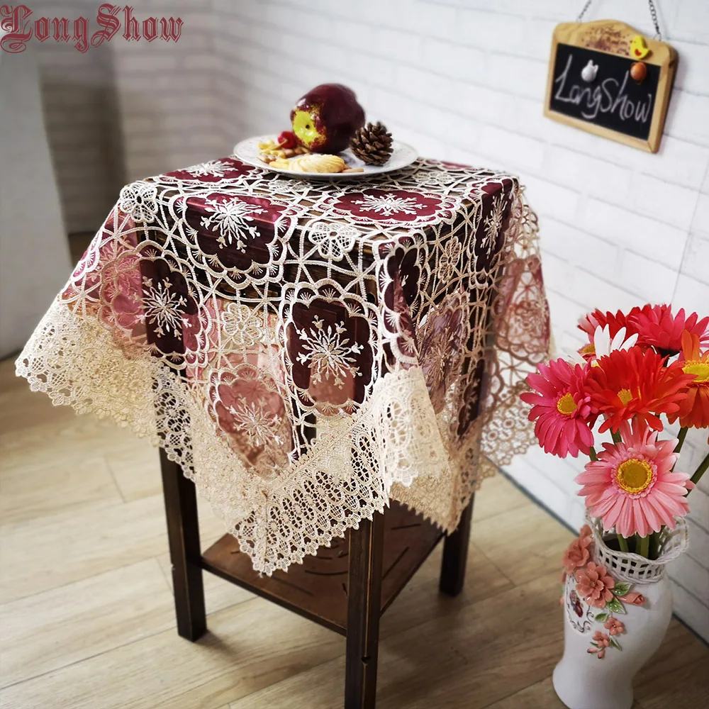 

85x85cm American Style Home Banquet Dining Decorative Burgundy Color Embroidered Hollow Tablecloth