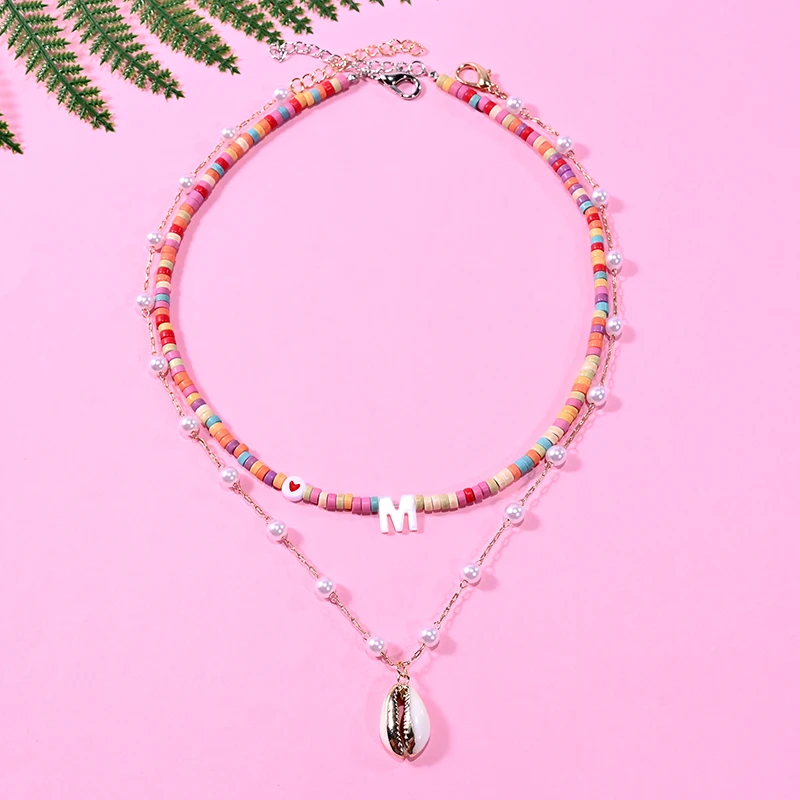 

2 Pieces/Lot Trendy Initial Letter Heart Custom Necklace for Women Natural Shell Pendant Neck Imitation Pearl Jewelry Choker