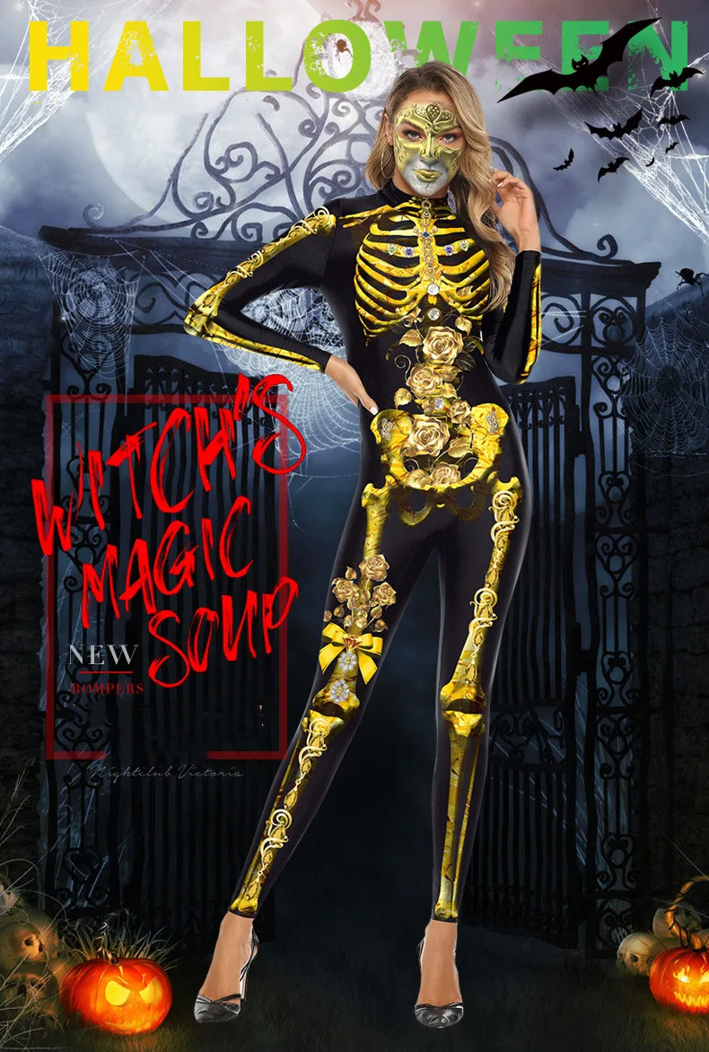 

Женские костюмы на Хэллоуин, леггинсы с 3D-принтом черепа, облегающие комбинезоны со скелетом, блестящие аниме косплей, сексуальный костюм В...