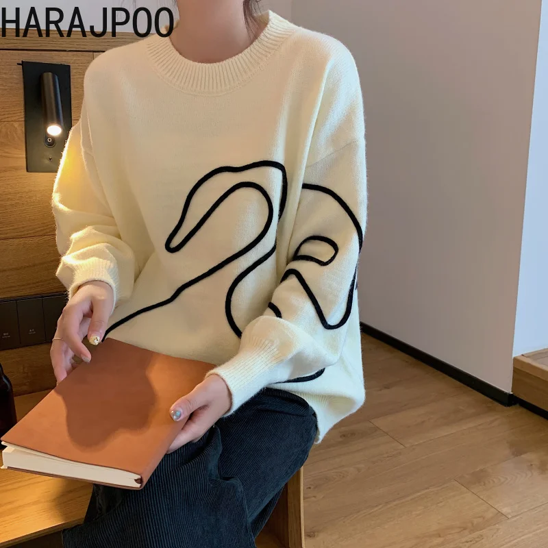 

Pullover Harajpoo Ladies Streetwear Simplee Embroidery Autumn 2021 Korean New Loose Outwear Lazy O Neck Knitted Casual Sweater