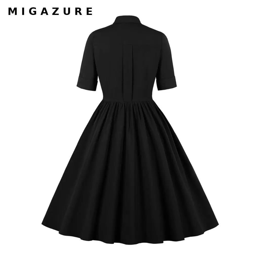 

Migazure Women 50s 60s Plus Size Solid Red Black Green Shirt Collar Retro Vintage Swing Rockabilly Dress Christmas Tea Party