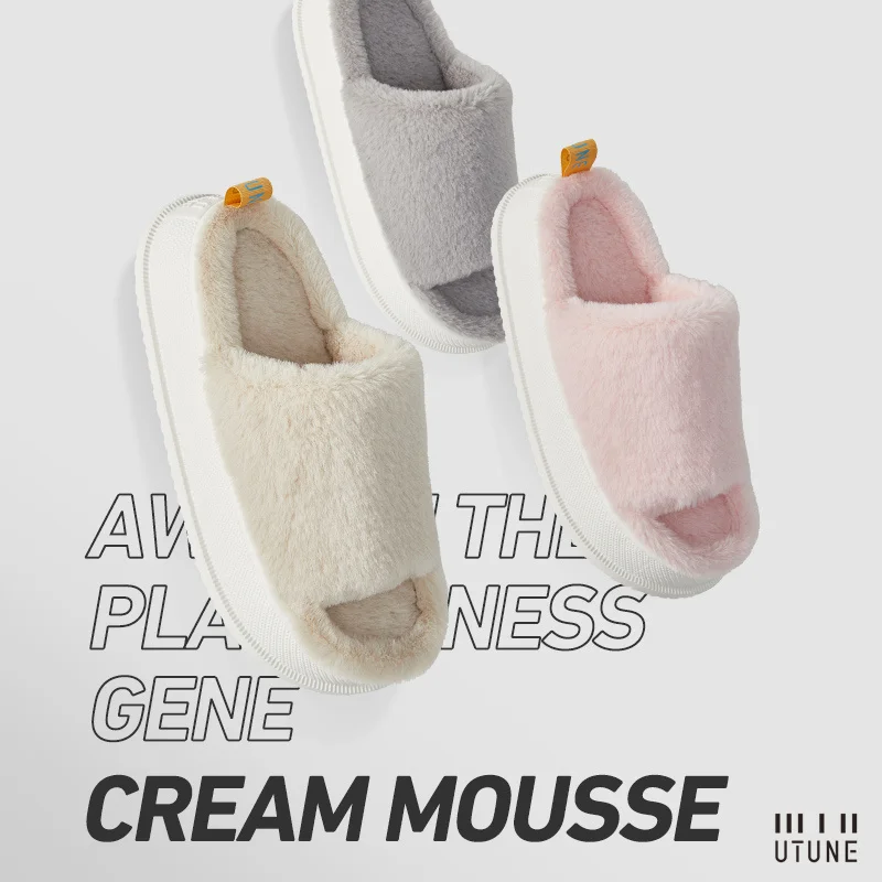 UTUNE Women Winter Slippers Plush Warm Home Slides For Men Thick Sole Soft Indoor Flats Non-slip Breathable Office Lady Shoes