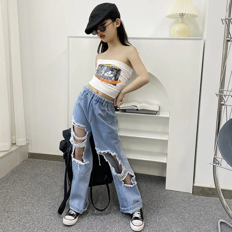 Рваные джинсы для девочек новинка весны 2021 стильные свободные подходящие ко