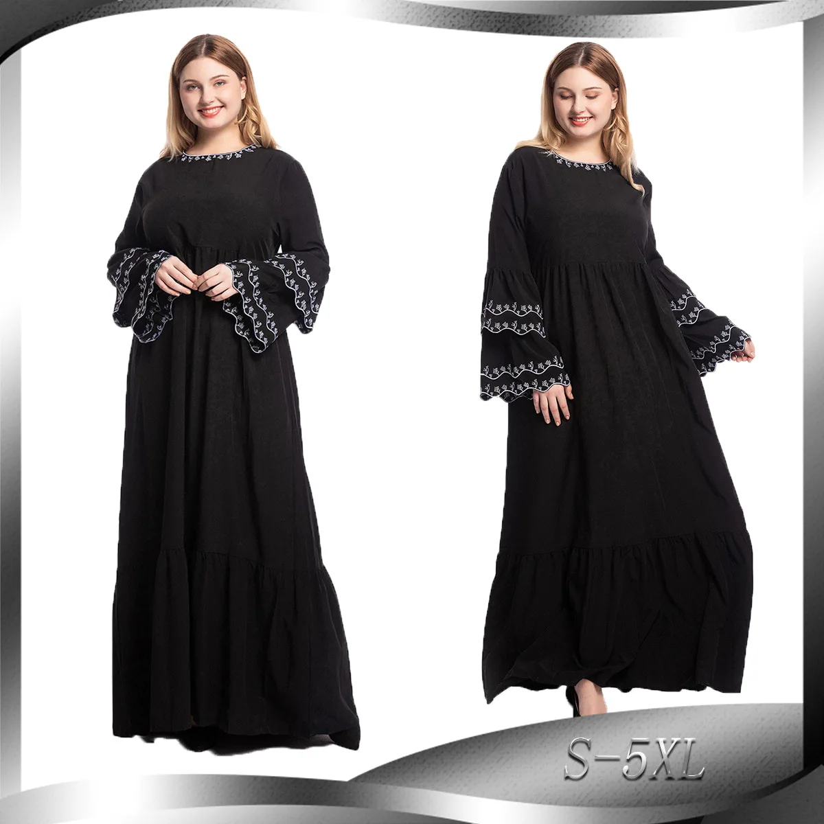 BianFeng; Женская обувь с вышитым мусульманский абайя Мода Лепесток рукавом хиджаб платье, с длинным рукавом, облегающая, халат Цвет черный