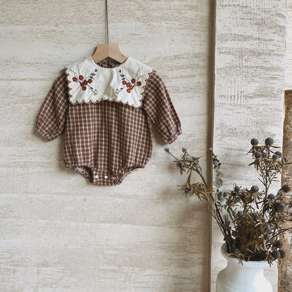 Комбинезон для новорожденных девочек с вышивкой Одежда маленьких Клетчатый