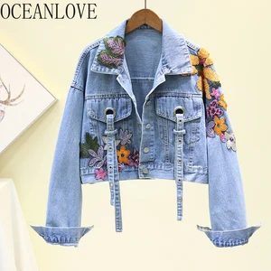 OCEANLOVE 2020 весенние джинсовые куртки с вышивкой короткая уличная одежда модные куртки женские блестящие модные новые Abrigos Mujer 14813