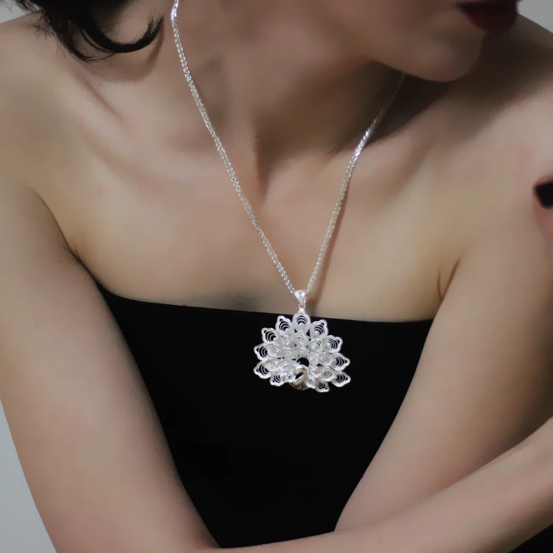 Ожерелье в виде этнического павлина 999 пробы из стерлингового серебра Женские