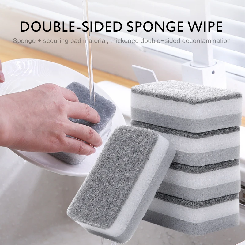 

5PCS Kitchen Highly Dishwashing Sponges Powerful Decontamination Double-sided Cleaning Sponge Scrub Pot Tool Household