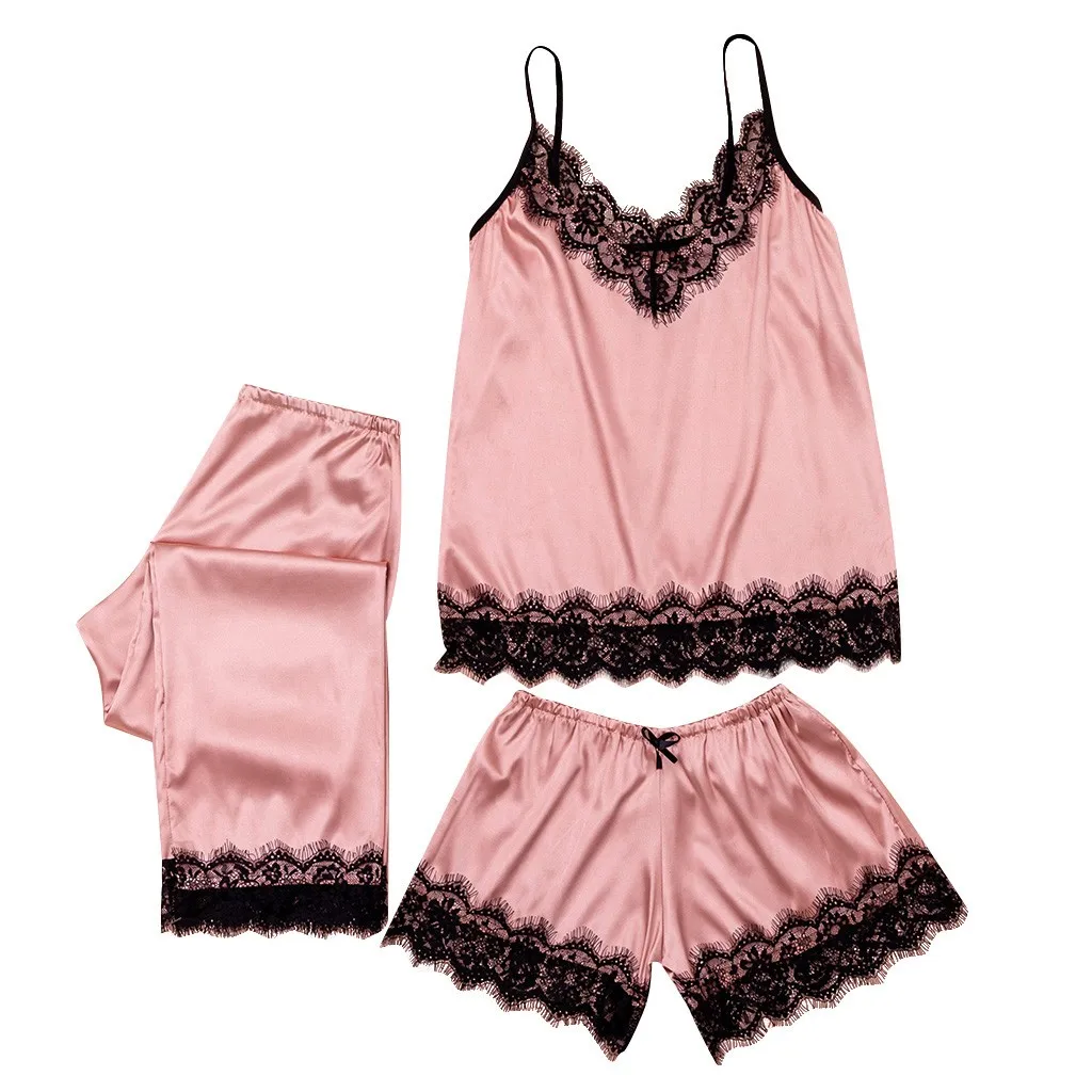 

3PC Women Lace Satin Sleepwear Lingerie Camisole Bow Trousers Casual Pajamas Hot babydoll Costumes Open Crotch Plus Size