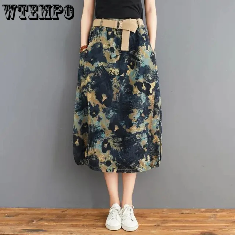

Women Jean Skirts Vintage Graffiti Printed Harajuku Denim Skirts with Belt A-line Loose Casual Long Faldas Jupe Femme
