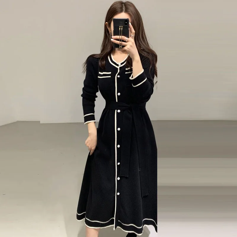 

One-Piece Dress Women Button Midi Knitted Dress Winter Long Sleeve Korean Office Woman Slim Dresses White Knitted Sweater Dress