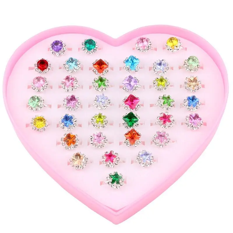 

Children's Ring Set Fashion Girls Exquisite Ring Buckle Color Zircon Lovely Baby Adjustable Ring Love Box 36 Pieces or 12 Pieces