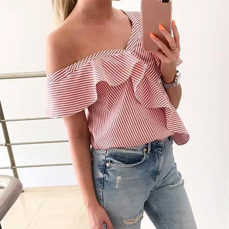 

Women's Fashion One Shoulder Button Tops Casual Short Sleeve Ruffle Frilled Blouse Casual Lady Summer Stripe Shirts New Hot