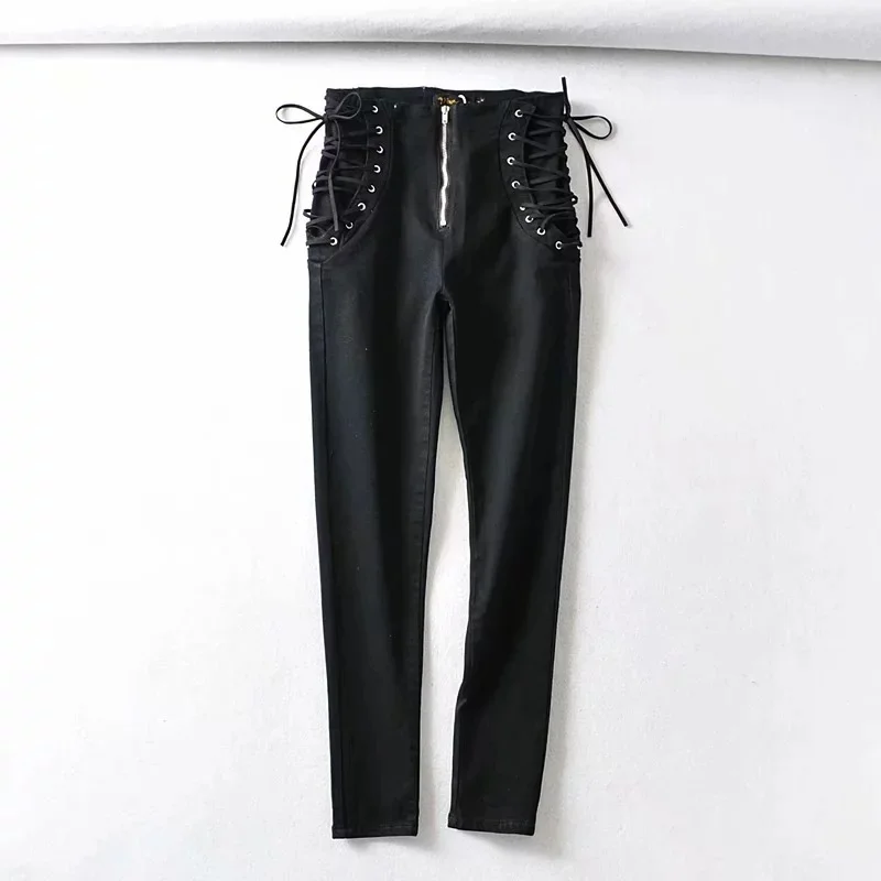 

Women Sexy High Waist Drawstring Booty Lifting Skinny Trousers Solid Casual Zipper Denim Jeans Pants 2021 Autumn