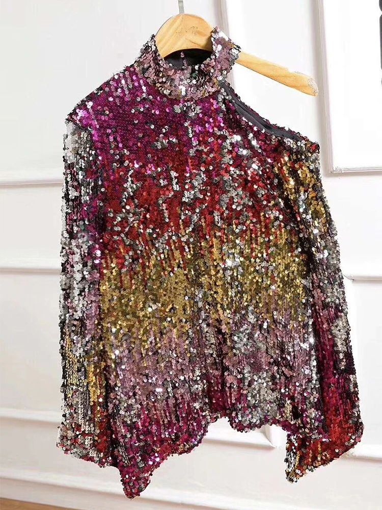 

craftsmanship, hollow, halter Heavy neck, ladies, sequin pullover, 2021New ladies autumn, long sleeves, fashion, top shirt XL
