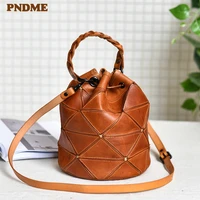 pndme fashion genuine leather ladies stitching geometric bucket handbag retro real cowhide womens small shoulder messenger bag