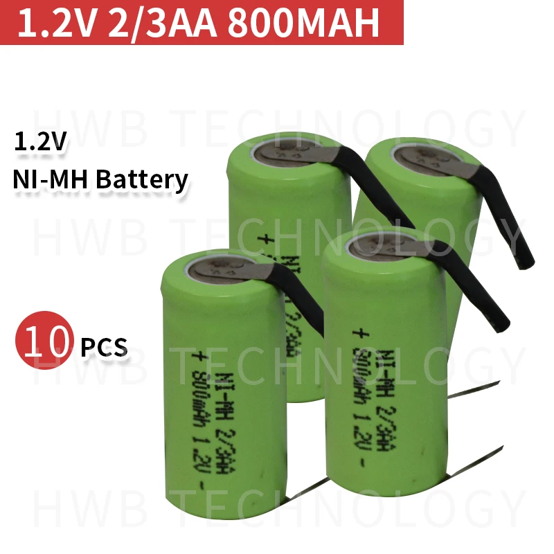 10 шт./лот, новинка,, 1,2 V 2/3AA 800mAh Ni-MH 2/3 AA Ni-MH аккумуляторная батарея с булавками