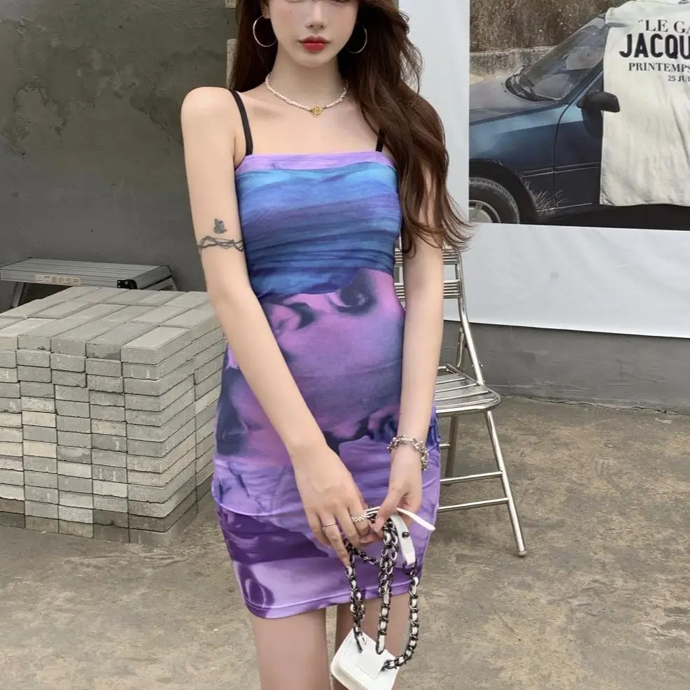

Sexy Suspender Women'S Dress Summer Purple Blue Rainbow Tie-Dye Slim Sleeveless Mini Dress 2021 New