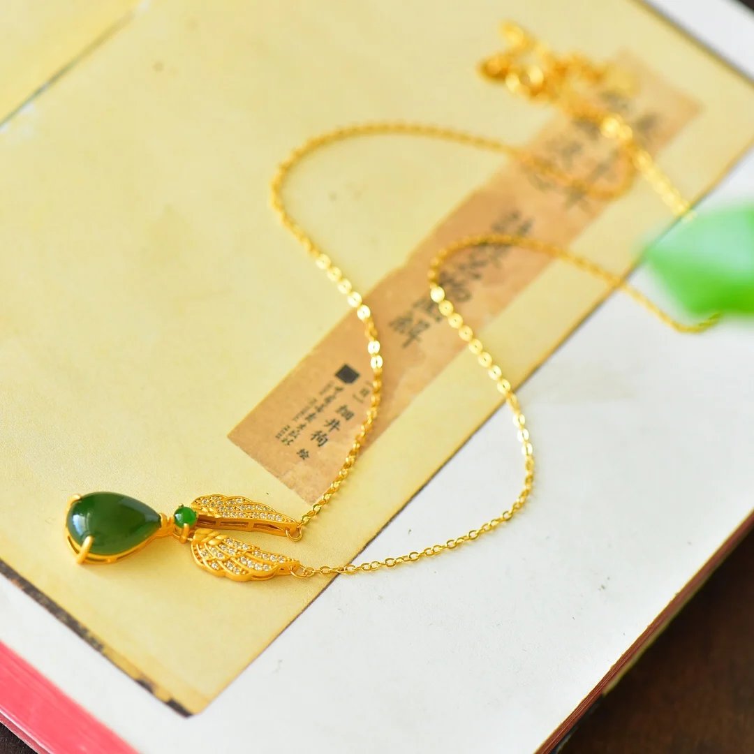 Женское ожерелье из серебра 925 пробы с нефритовым нефритом И крыльями ангела