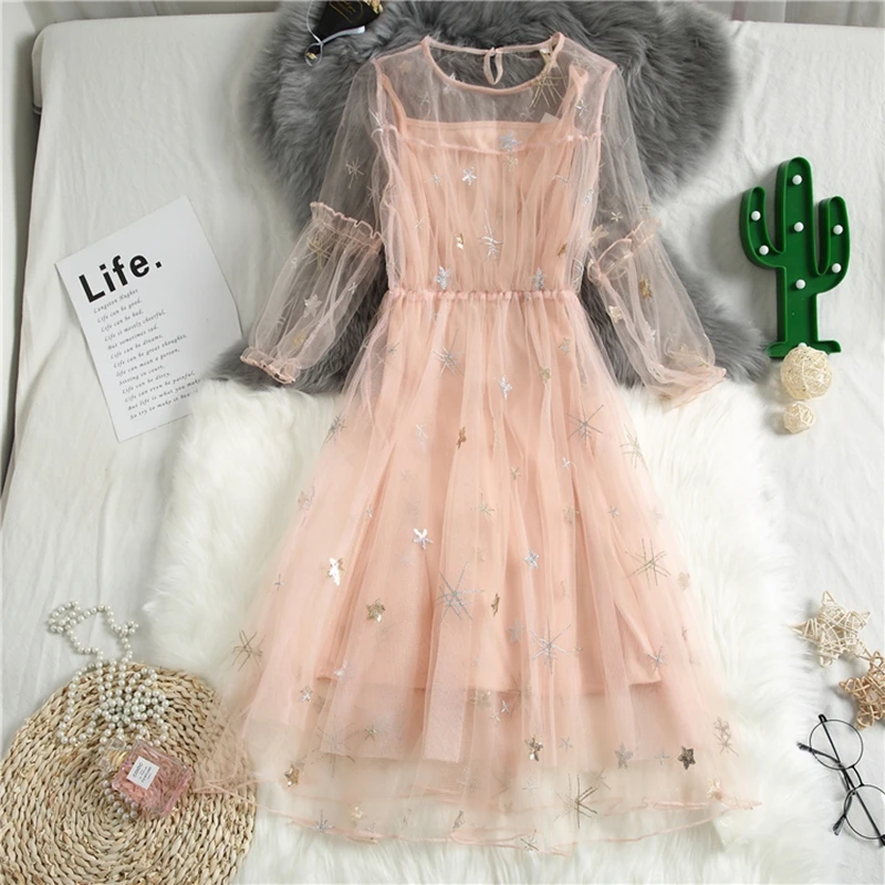 

Summer dress 2021 embroidery mesh long sleeve o-neck mid-length elegant sweet banquet loose dress catwalk