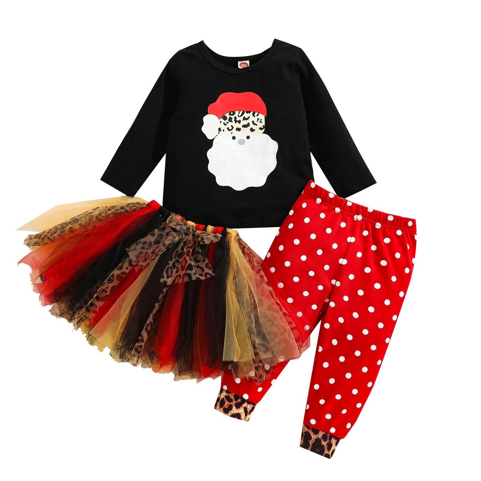 

Kids Baby Girls 3PC Outfits Casual Set Cute Christmas Embroidery Long Sleeve Tops and Gauze Short Skirt Dot Trousers