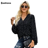 women long sleeved casual shirt blusas plus size frauen polka dots blouse simple perspective top sexy v neck shirts clothing 4xl