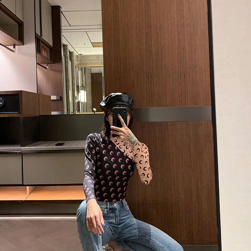 

Spring Fashion Classic Design Bottoming Shirt Moon Print Tight Reprint Moon Tooth High Neck T-shirt Long Sleeve Women Top M2