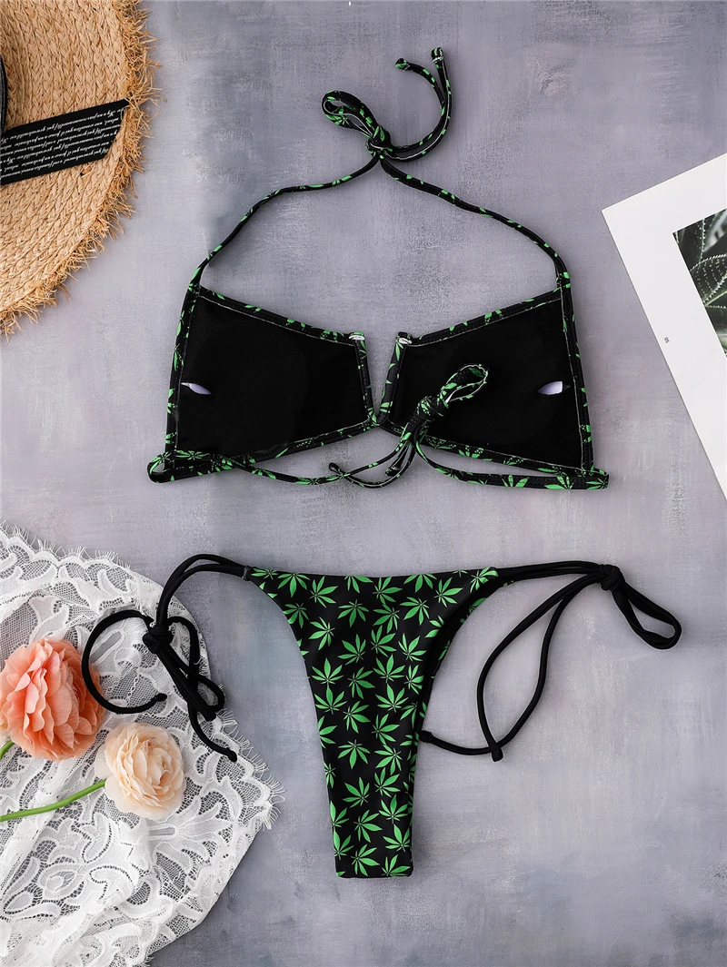 

2021 Sexy Tropical leaf print bandage swimwear beach Bikini leaves printing 2 piece push up swimsuits for women