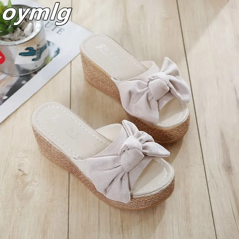 Тапочки женские на толстой подошве конопляные шлепанцы бант платформа летняя