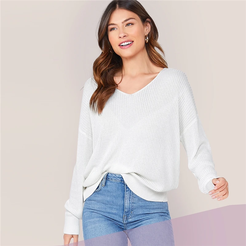 SHEIN белый Однотонный свитер с v-образным вырезом и открытыми плечами женские топы осенние Повседневные базовые офисные женксие кофты с длинными рукавами