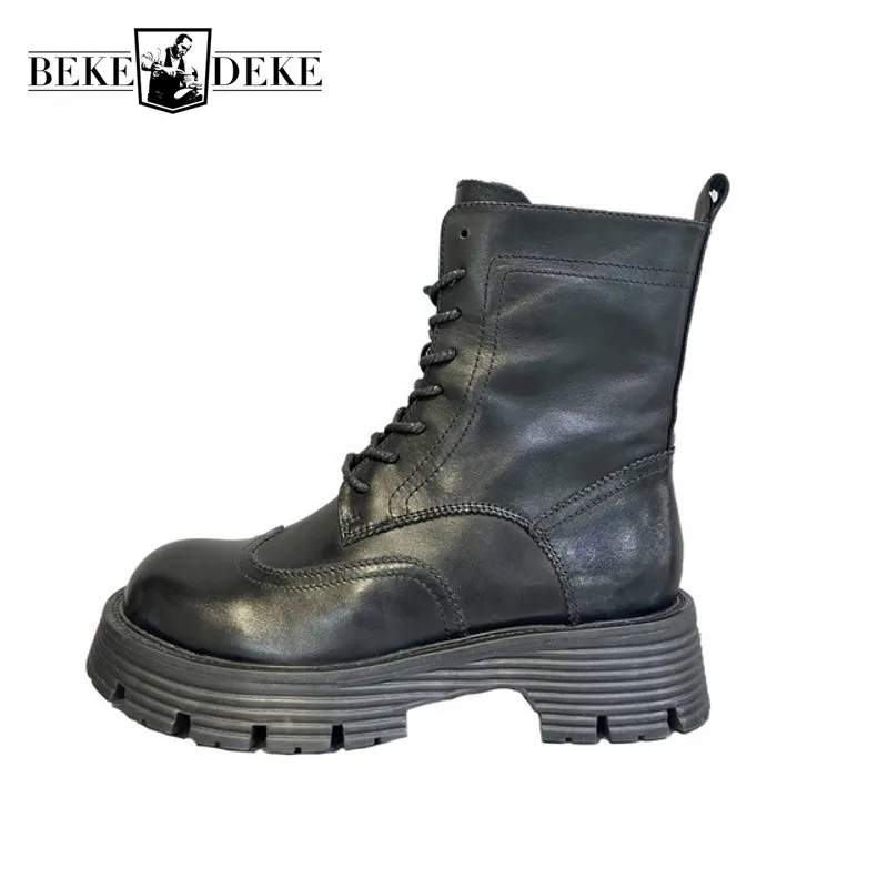 

British Style New Womens Fashion Casual Outdoor Ankle Boots Thick Bottom Height Increasing Genuine Leather Vintage Female Boots