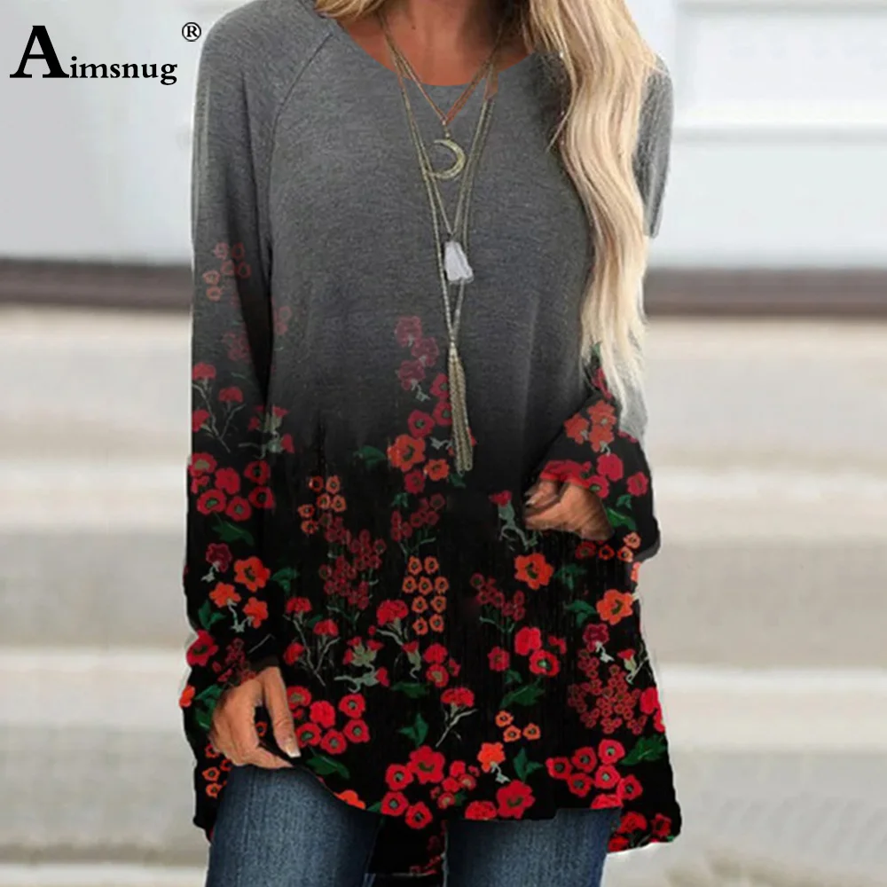 

Plus Size 3xl Long T-Shirt Ladies Elegant Leisure Casual Tees Shirt 2021 New Spring Autumn Flower Print Basic Top Women Clothing